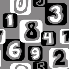 Hand drawn numbers seamless pattern for digital background, wallpaper and textile print. Cartoon style drawing. Education and finance theme, school lettering 