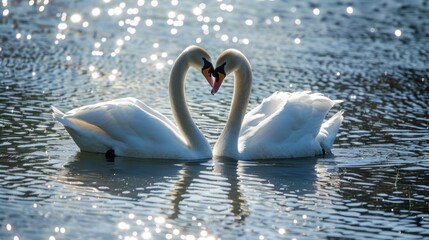 Obraz premium Two swans forming a heart shape in the water.