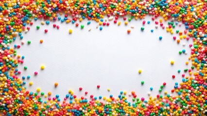 Vibrant confetti sprinkles form a colorful border around a white background, creating a playful and festive atmosphere perfect for celebrations and special occasions.