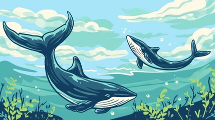 Naklejka premium Two whales swimming in the ocean.