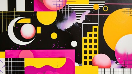 Obraz premium A colorful abstract painting with a black background and a pink