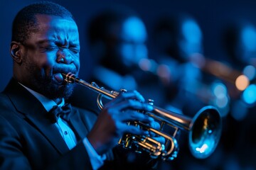 A trumpet player captivates the audience during a jazz concert in a dimly lit venue