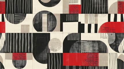 A colorful abstract design with black, white, and red elements