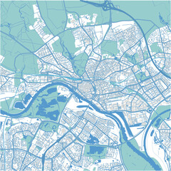Map of Arnhem in Netherlands in blue. Contains layered vector with roads water, parks, etc.