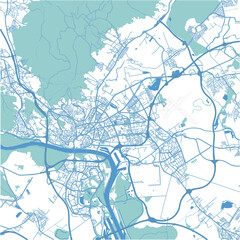 Map of Bratislava in Slovakia in blue. Contains layered vector with roads water, parks, etc.