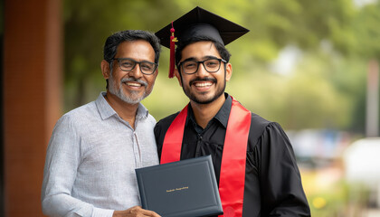 a young Indian man wearing a graduation gown and cap, holding a diploma with his father beside him at a university.