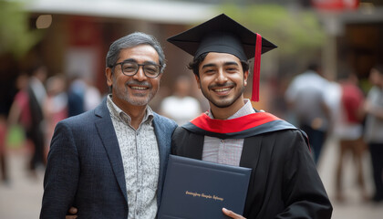 a young Indian man wearing a graduation gown and cap, holding a diploma with his father beside him at a university.