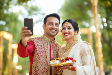 Young indian bengali couple in traditional wear, man taking selfie in smartphone and woman holding puja thali