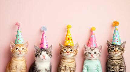 happy baby five cats wearing party hats and colorful outfits on a solid color background