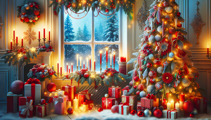 Naklejka premium a charming christmas holiday scene captures a winter snow landscape, featuring gently falling snow, cozy cottages, and twinkling lights, creating a picturesque and serene festive atmosphere