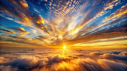 Obraz premium Vibrant dawn breaks over horizon, warm golden light bursts through swirling clouds, casting kaleidoscope of colors, ethereal mist and soft, feathery textures.