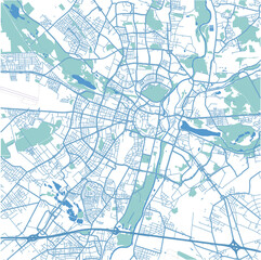 Map of Poznan in Poland in blue. Contains layered vector with roads water, parks, etc.