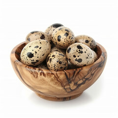Quail eggs in wooden bowl on white background.