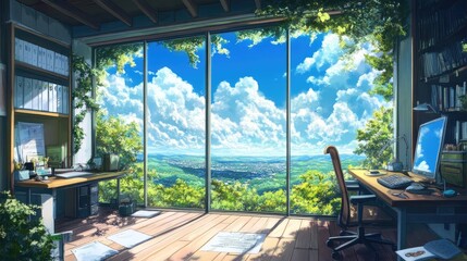 Fototapeta premium A tranquil office interior in anime style, overlooking a serene landscape, blending work with the calming beauty of nature.