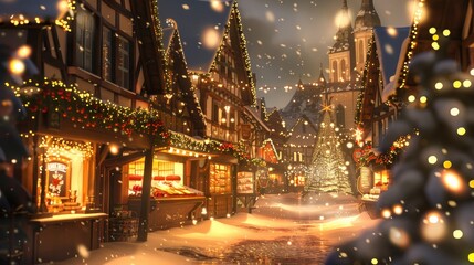 A snowy city street with Christmas decorations and a Christmas tree