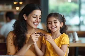 Indian mother and daughter eating chocolate in a restaurant, with a happy expression on their faces