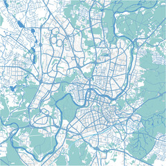 Map of Vilnius in Lithuania in blue. Contains layered vector with roads water, parks, etc.