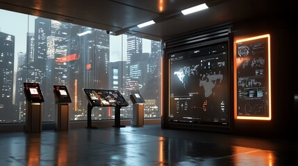 Digital interfaces converging into a futuristic financial district, fintech hub, modernizing financial sectors