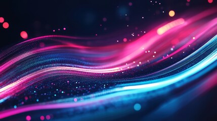 Obraz premium Abstract background presenting fuchsia azure glowing neon curves and blurry effects Information flow notion