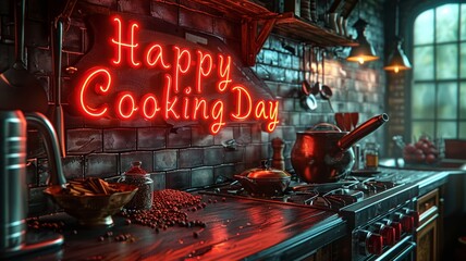 Happy Cooking Day Neon Sign in a Cozy Kitchen