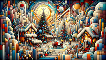 Fototapeta premium a charming christmas holiday scene captures a winter wonderland with gently falling snow, cozy cottages, and twinkling lights, evoking warmth and festive cheer in a serene snow-covered landscape