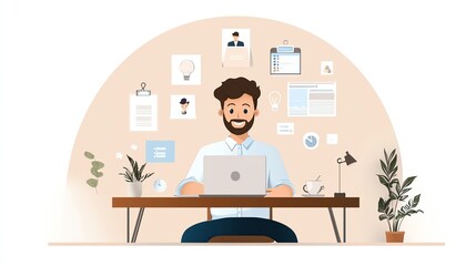 Young professional working with AI-powered financial assistant, fintech support, modern workplace efficiency