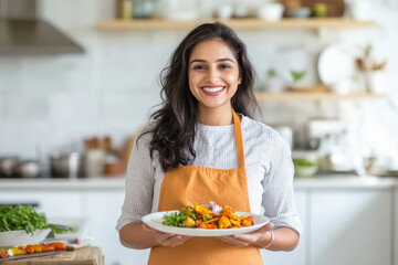 a beautiful smiling young indian woman in an apron holding a plate of food standing in a kitchen at home.
