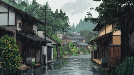An anime-style illustration of a Japanese village on a rainy day, with a cartoonish art style that adds to the peaceful mood of the scene.