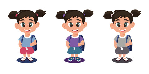  A little smiling girl in a T-shirt, shorts, sandals and with a backpack. Flat vector character designed for education and sports. Happy sport kid. Several color options for clothes for the child EPS1