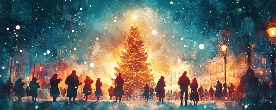 group of carolers singing in front of a beautifully lit Christmas tree in the town square, with soft watercolor tones