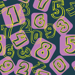 Hand drawn numbers seamless pattern for digital background, wallpaper and textile print. Cartoon style drawing. Education and finance theme, school lettering 