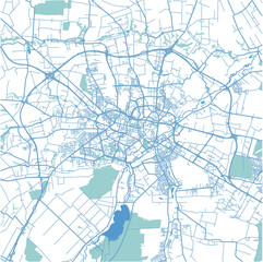 Map of Lublin in Poland in blue. Contains layered vector with roads water, parks, etc.