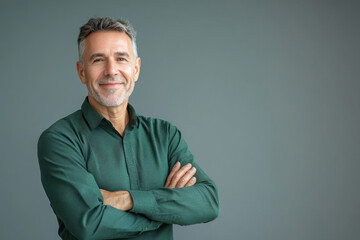 Fototapeta premium older business man, smiling middle aged mature businessman professional executive or lawyer wearing green shirt looking and standing arms crossed on gray background.