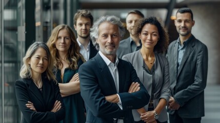Fototapeta premium A diverse group of professionals stands confidently together in a sleek office, showcasing camaraderie and modern business attire bathed in afternoon light