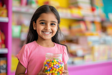 happy indian child girl holding jar with colorful candies in a candy store.