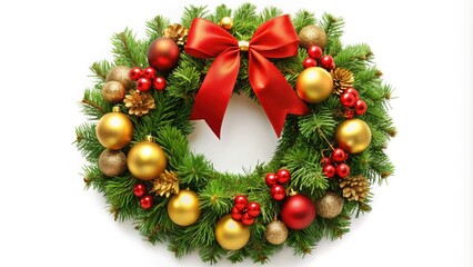 Vibrant evergreen Christmas wreath with red ribbons and golden ornaments on a seamless white background, perfect for holiday themed designs and decorative elements.