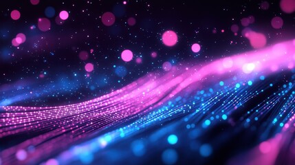 Fototapeta premium Abstract banner with magenta navy radiant neon lines and sparkly lights Information movement idea