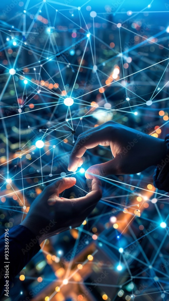 Poster hands form a gesture of connection, holding digital light amidst a backdrop of glowing city lights, 