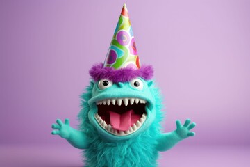 Cute monster with birthday hat on head