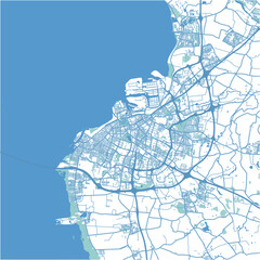 Map of Malmo in Sweden in blue. Contains layered vector with roads water, parks, etc.
