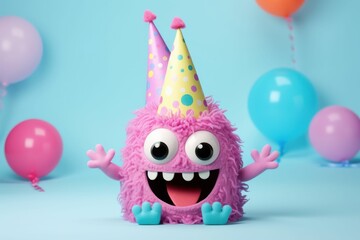 Cute monster with birthday hat on head