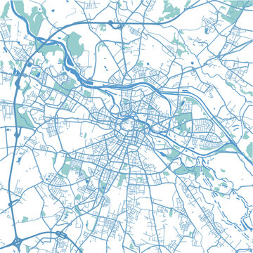 Map of Wroclaw in Poland in blue. Contains layered vector with roads water, parks, etc.