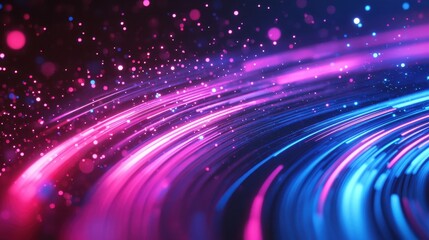 Naklejka premium Abstract banner with pink blue shining neon streaks and bokeh lights Data movement concept