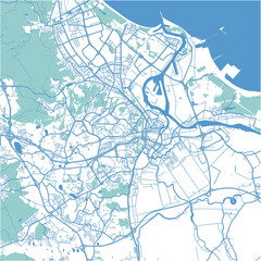 Map of Gdansk in Poland in blue. Contains layered vector with roads water, parks, etc.