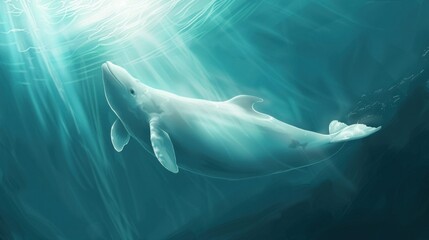 White Dolphin Swimming in Sunlight.