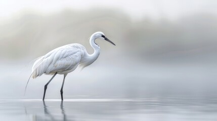 Fototapeta premium White egret wading in a misty lake.