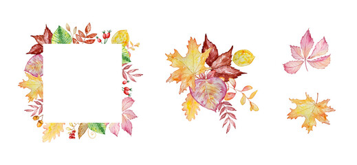 Watercolor autumn frames set with pumpkins and fall leaves