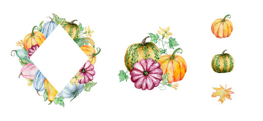 Watercolor autumn frames set with pumpkins and fall leaves