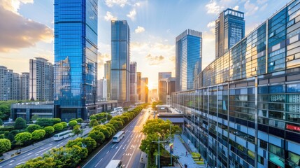 A city street with tall buildings and a clear blue sky