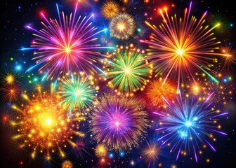 Vibrant fireworks explode in a kaleidoscope of colors against a dark background, casting a magical glow, perfect for digital art and wall decoration.